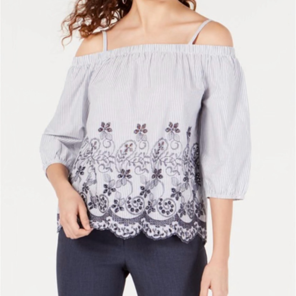BCX  floral Embroidered Off-Shoulder Striped Women’s Top Blue M NWT.